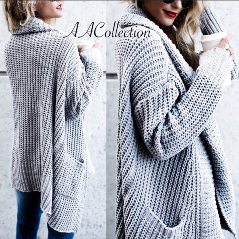 Chenille Gray Sweater cardigan drape long sleeves - Picture 2 of 3